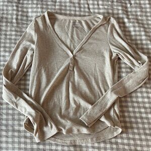 AE Taupe Long Sleeve Buttoned V-Neck Top